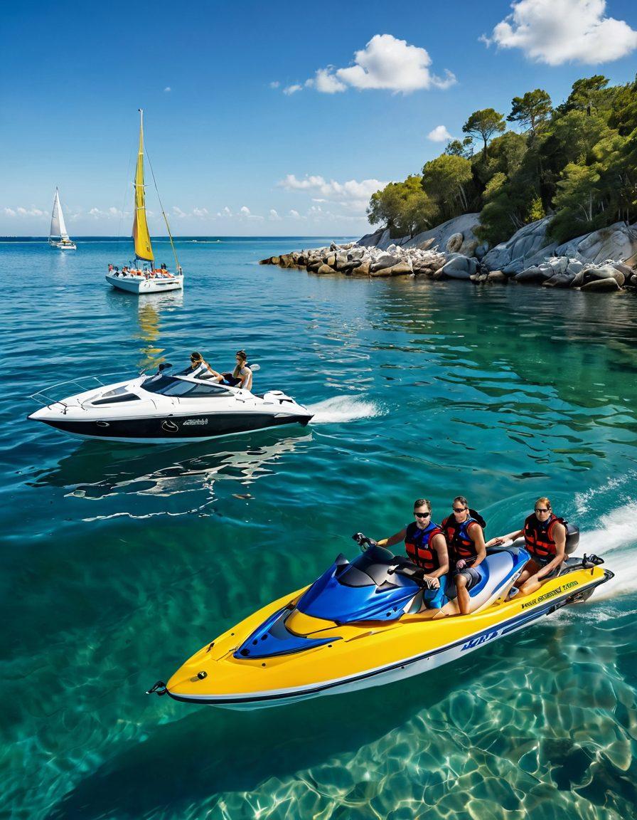 A serene seaside scene featuring a diverse range of water vehicles, including a sailboat, jet ski, and kayak, all anchored in calm waters under a bright sky. In the foreground, a friendly marine insurance agent is explaining essential insights to a couple, with nautical charts and safety gear surrounding them. Incorporate elements of adventure, safety, and tranquility, with vibrant colors emphasizing the fun and security of water adventures. super-realistic. vibrant colors. 3D.