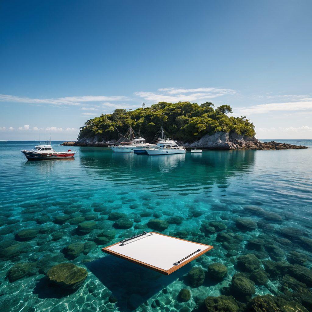 A serene maritime scene showcasing a variety of vessels, from small fishing boats to luxurious yachts, all anchored in crystal-clear waters. Surround this tableau with gentle waves, a sunny sky reflecting off the water, and a distant shoreline dotted with lush greenery. Include elements that represent marine insurance, like a clipboard or a shield subtly integrated into the scene. Emphasize a calm, informative atmosphere. super-realistic. vibrant colors. blue gradients.
